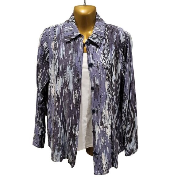 Attitudes by Renee Small Aztec Print Shirt Denim Vibes Blue Gray Off-White - Picture 9 of 13